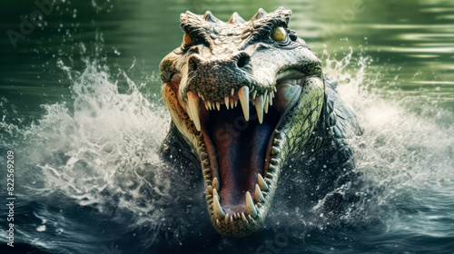 An alligator bares its teeth in a powerful display, showcasing its dominance. The sharp teeth glisten, capturing the primal essence of this magnificent reptile.