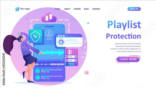 Young teenage girl listens to music using a protected playlist. Flat 2D character. Landing page concepts and web design