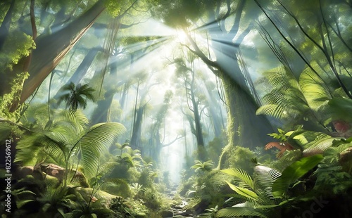 A beautiful fairytale enchanted forest with big trees and great vegetation. Digital painting background. © Nextin