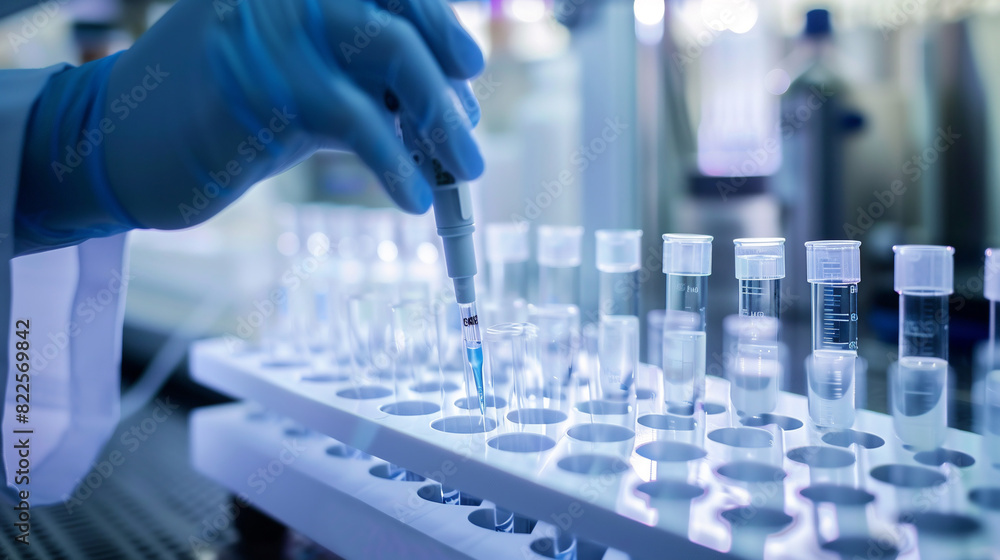 Scientist in blue gloves uses pipette to transfer samples for DNA testing. Lab technician loads samples for DNA amplification into plastic strip tubes. Scientist in blue gloves uses pipette to transfer samples for DNA testing. Lab technician loads samples for DNA amplification into plastic strip tubes.