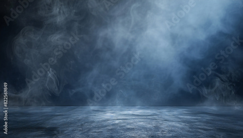 Dark misty background with concrete floor and copy space