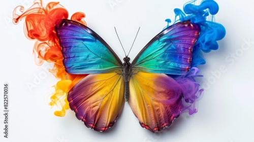  A vibrant butterfly exhibits blue  yellow  red  orange  and pink smoke trails from its wings against a pristine white backdrop Ample space reserved for text insertion