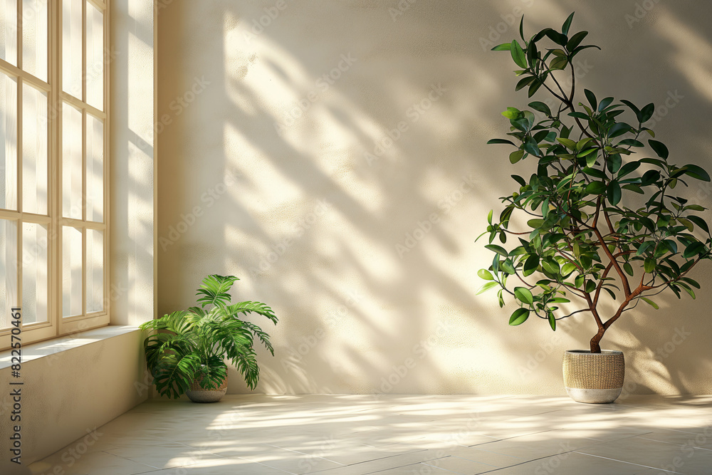 A room with a large potted plant and two smaller plants. The room is very bright and airy, with sunlight streaming in through the window. The plants add a touch of greenery and life to the space A room with a large potted plant and two smaller plants. The room is very bright and airy, with sunlight streaming in through the window. The plants add a touch of greenery and life to the space