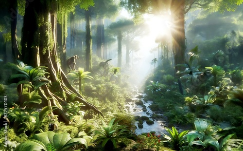 A beautiful fairytale enchanted forest with big trees and great vegetation. Digital painting background.