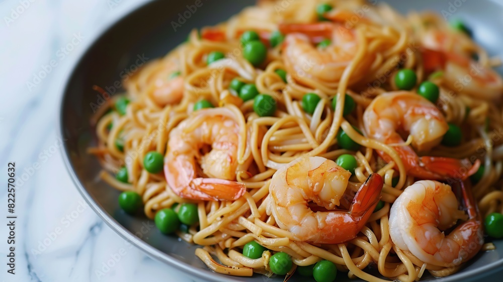 stir fried yakisoba noodles with green peas and shrimps. Generative Ai stir fried yakisoba noodles with green peas and shrimps. Generative Ai