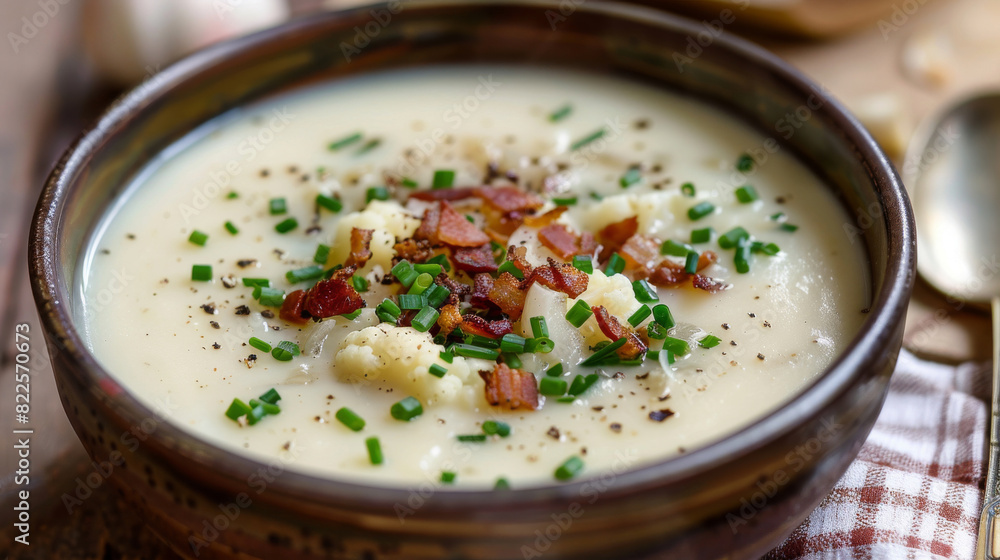 Traditional czech potato soup with crispy bacon and fresh chives, presented in a rustic ceramic bowl Traditional czech potato soup with crispy bacon and fresh chives, presented in a rustic ceramic bowl