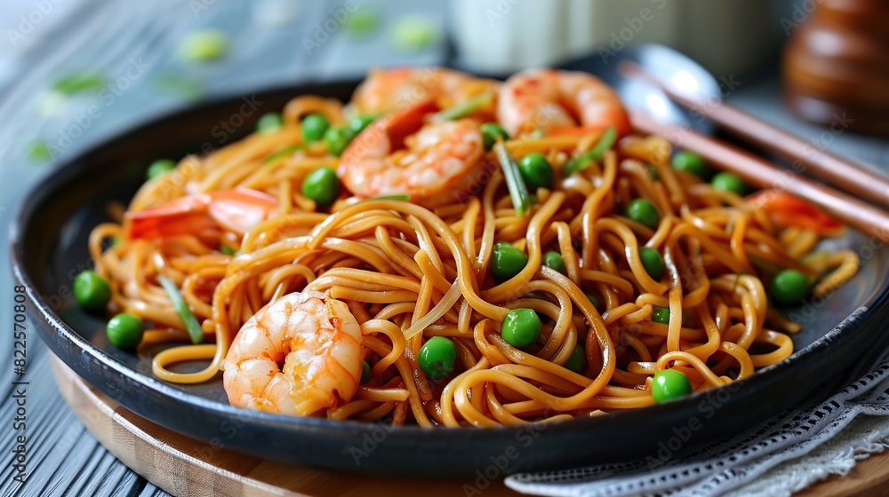 stir fried yakisoba noodles with green peas and shrimps. Generative Ai stir fried yakisoba noodles with green peas and shrimps. Generative Ai