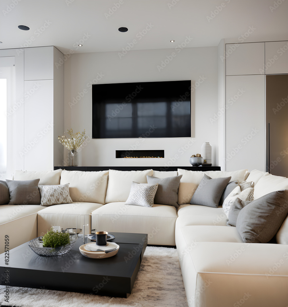 Fototapeta premium Contemporary living room boasting a cozy beige sofa, sleek fireplace, and stylish accents, exuding comfort and sophistication in a neutral palette