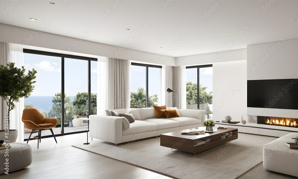 Fototapeta premium Elegant and expansive living room with luxurious furnishings and breathtaking ocean view from panoramic windows