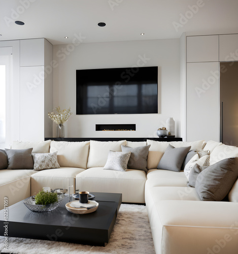 Contemporary living room boasting a cozy beige sofa  sleek fireplace  and stylish accents  exuding comfort and sophistication in a neutral palette