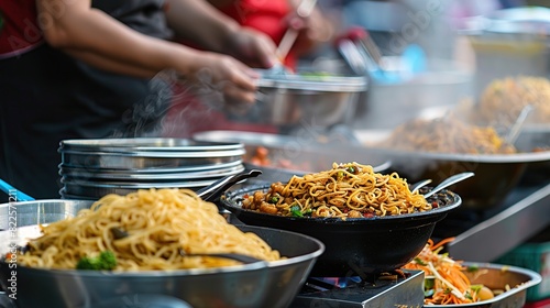 Street food, Chinese noodles in a wok with chicken. Generative Ai