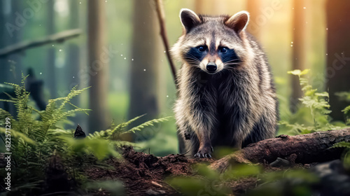 A close-up of a raccoon in the summer forest showcases its curious expression amid lush greenery, capturing the essence of woodland wildlife.