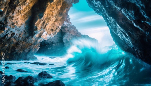 "A powerful wave surging into a rocky cave along a rugged coastline." 