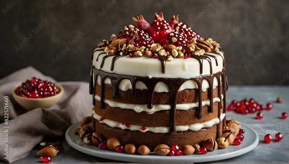 Cake with white cream, chocolate drips, pomegranate, nuts and chocolate decor