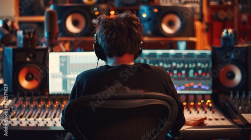Portrait audio or Sound engineer working in a recording studio using a mixing board, monitors and equalizer to create a modern sound. musician working on the control panel. mastering tracks. Back View