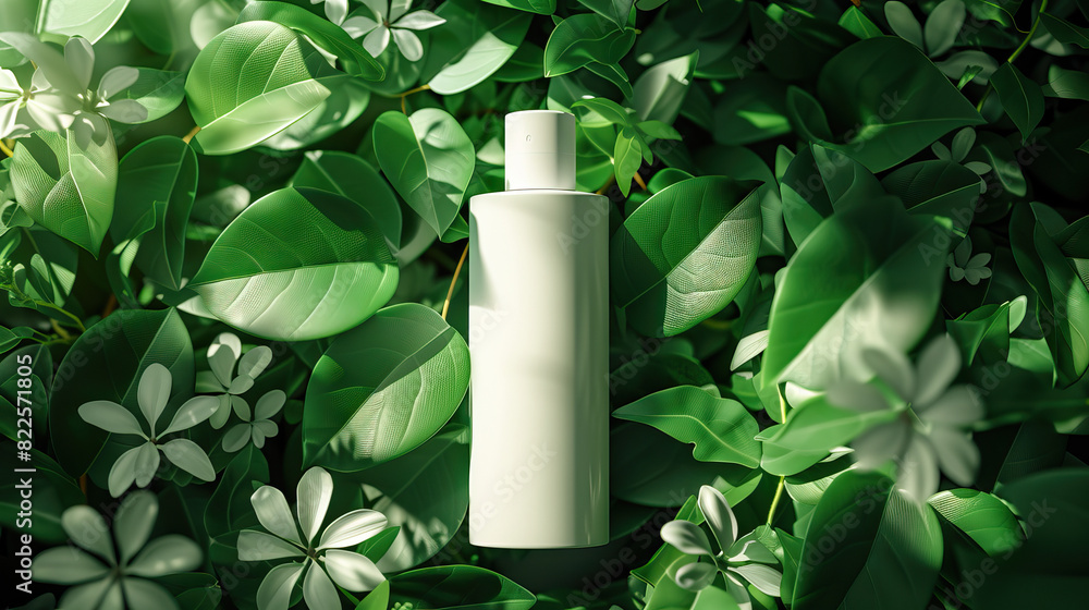 An ultra-detailed 3D render of a white mock-up skincare tube among on a pile of fresh green leaves and light orange and yellow flowers with dew drops under warm light An ultra-detailed 3D render of a white mock-up skincare tube among on a pile of fresh green leaves and light orange and yellow flowers with dew drops under warm light