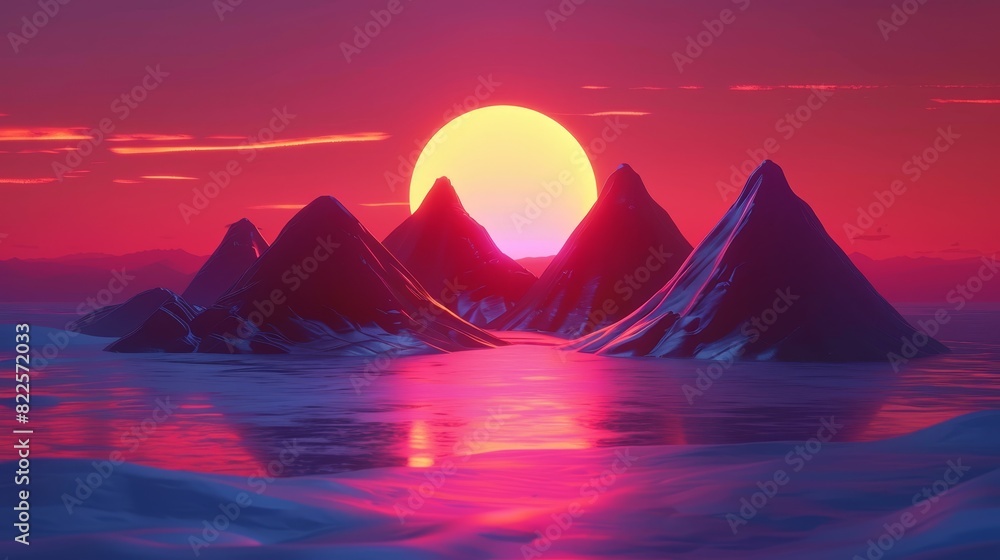  A sunset over a mountain range, situated in the heart of a water body Mountains line the scene in the middle ground