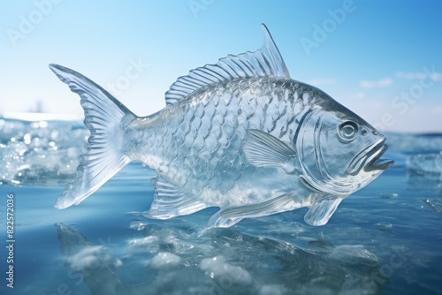 Crystal clear ice carving of a fish against a sparkling blue water backdrop