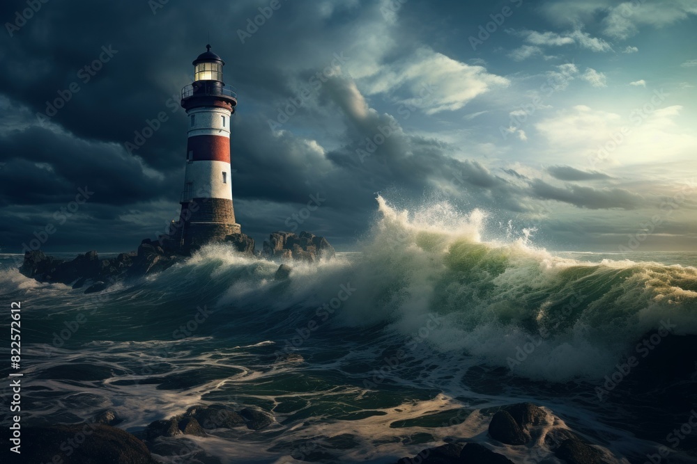 Dramatic view of a towering lighthouse against formidable waves and a stormy sky as the sun sets