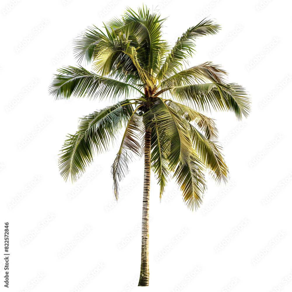 A tropical palm tree isolated on a white background, perfect for beach-themed designs and vacation promotions.