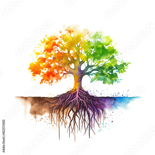 Watercolor tree with roots isolated on white background