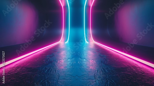  A dark tunnel featuring neon lights and a long corridor sandwiched between two walls transforms into a room boasting a blue floor and a pink light at its tunnel's end photo