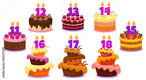 Set of birthday cakes with candles and numbers, vector.