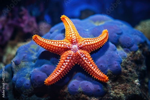 Bright orange starfish spreads its arms across vivid blue coral in an underwater scene © juliars