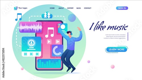 Young teenager guy listens to music and dances to music, music lover. Flat 2D character. Landing page concepts and web design