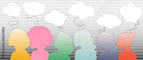 female profiles of different races and nationalities social poster, group of people searching for solution, thoughts, groupthink, team building	