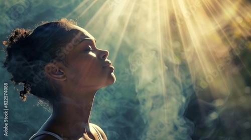 african american woman praying with faith gods light shining down spiritual devotion concept photo photo