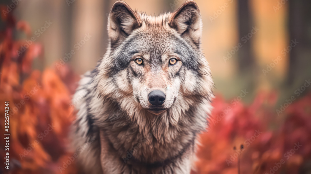 A close-up of a wolf in the autumn forest reveals its piercing gaze amidst the colorful foliage, epitomizing the majesty of the wilderness.