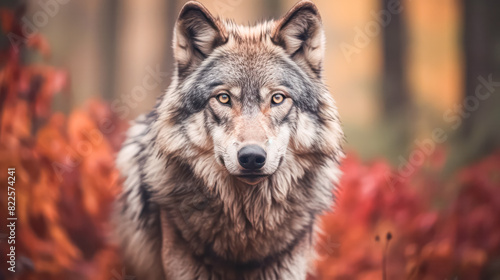 A close-up of a wolf in the autumn forest reveals its piercing gaze amidst the colorful foliage, epitomizing the majesty of the wilderness.
