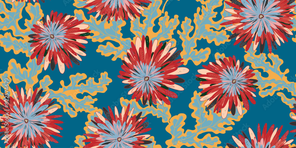 Chrynanthemums. Stylized fantasy flowers and leaves in Japanese style vector seamless pattern spring motifs ornament. Retro style. Chrynanthemums. Stylized fantasy flowers and leaves in Japanese style vector seamless pattern spring motifs ornament. Retro style.