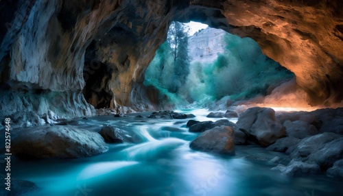 A tranquil river flowing past the opening of an ancient cave, bathed in soft twilight.