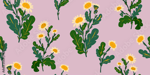 Stylized chamomile flowers, floral pattern. Vector overlapping seamless pattern