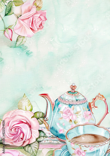 watercolor english afternoon tea with tea pot, tea cup, and roses flowers invitation card