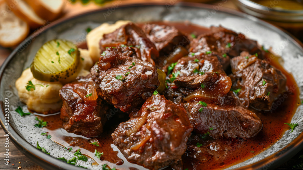 Czech beef goulash with bread dumplings, pickles, and fresh parsley on a wooden table Czech beef goulash with bread dumplings, pickles, and fresh parsley on a wooden table