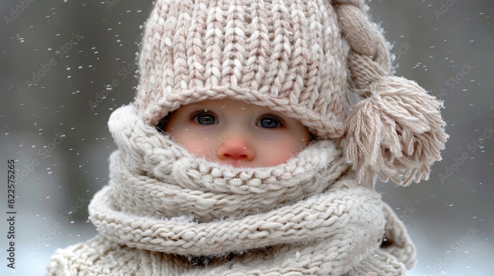 A close-up of a baby wearing a knitted hat with a pom pom on its head, and a knitted scarf with a pom pom at the end A close-up of a baby wearing a knitted hat with a pom pom on its head, and a knitted scarf with a pom pom at the end
