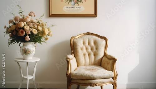 Armchair and porcelain vase with flowers against white wall with a poster photo