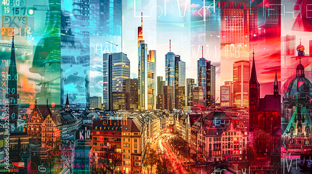 Obraz premium Vibrant Urban Tapestry A Fusion of Architectural Styles and Modern Skyscrapers Overlooking a Dynamic City River Scene Wallpaper Digital Art Poster Brainstorming Map Magazine Background Cover