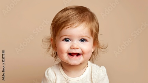  A child's face, closely framed, beams with a smile Wearing a pristine white shirt with a crisp white collar against a softly lit brown backdrop photo