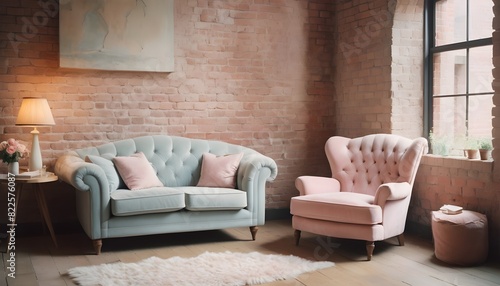 Armchair and sofa on a brick wall