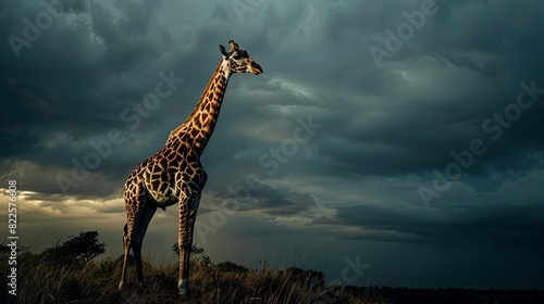 cinematic and dramatic portrait of majestic giraffe regal pose against moody sky wildlife photography