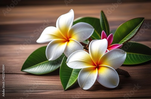 Woody background with spa stones and frangipani flower