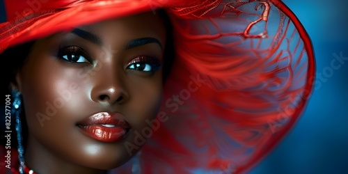 Delta Sigma Theta: Stylish African Woman in Red Hat and Elegant Jewelry. Concept Cultural Fashion, African Style, Elegant Jewelry, Stylish Red Hat, Delta Sigma Theta