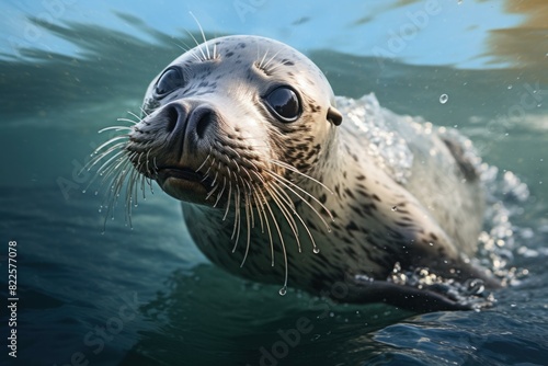 Close-up of an adorable seal peeking above water, with sparkling bubbles around