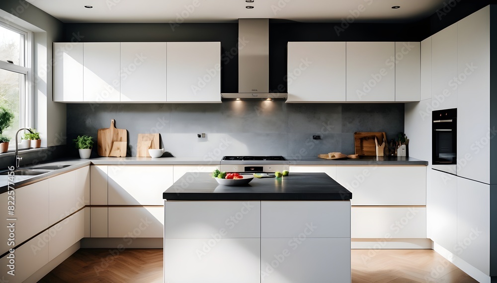 Fototapeta premium Balanced kitchen with white cabinets grey worktop and natural accents