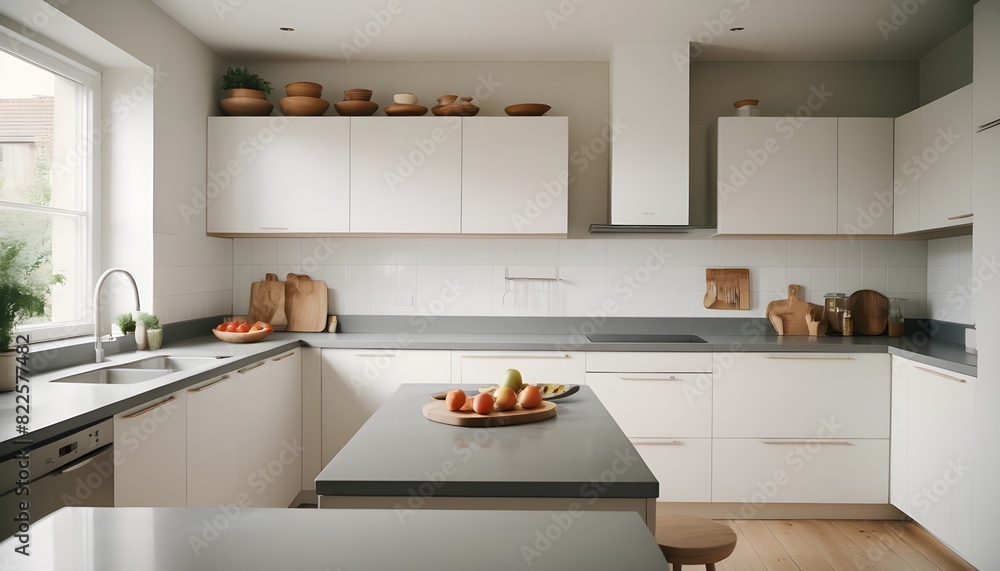 Balanced kitchen with white cabinets grey worktop and natural accents Balanced kitchen with white cabinets grey worktop and natural accents
