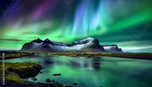 A majestic Icelandic landscape under the dancing colors of the aurora, echoing the nation's flag. photo